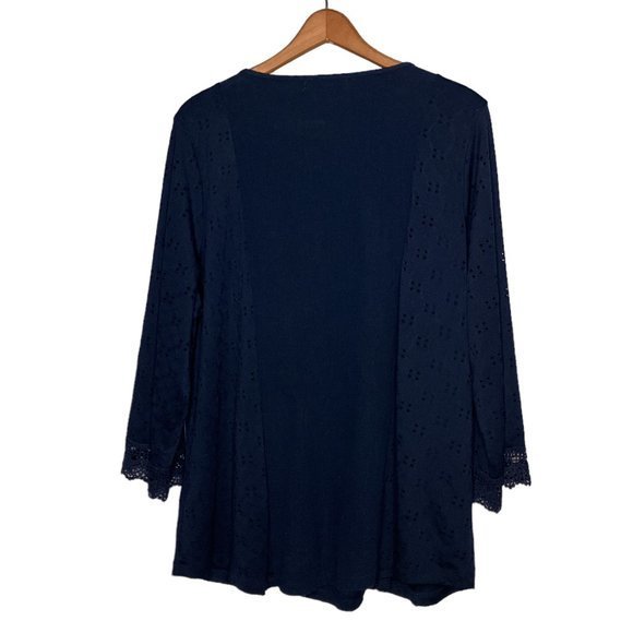 CJ Banks 1X Blue Embroidered V-Neck Stretch Lace Mixed Media Blouse Top Plus - Picture 2 of 4